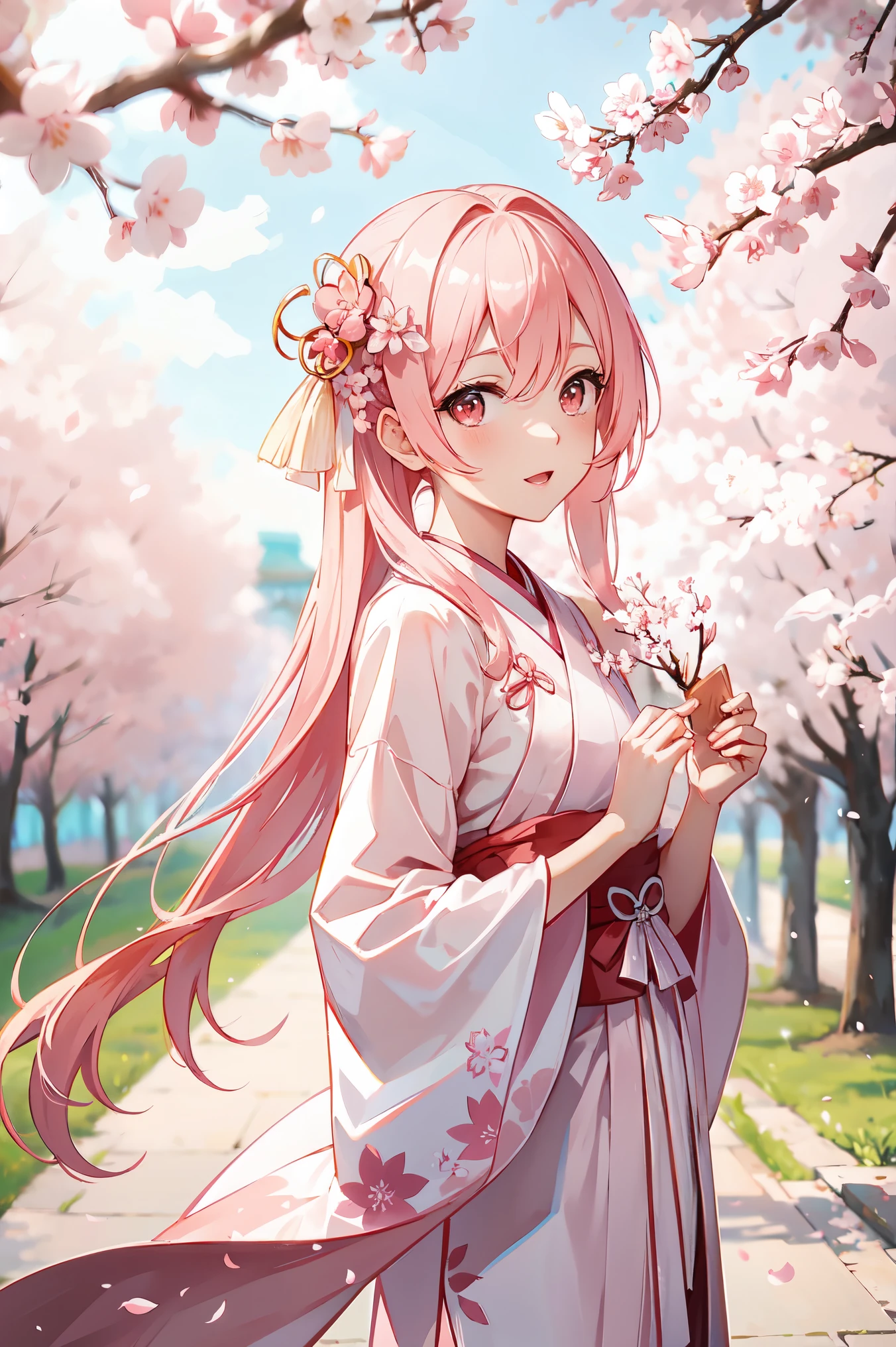 peach blossom pink straight hair,Wearing pale pink Hanfu,Holding a cherry blossom branch,in the background, Cherry blossoms are scattered along the beautiful row of cherry blossom trees.,She is gentle, cute, slender and cute girl