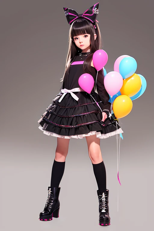 a  12 years old girl holdoing a lot of balloons, full body, stomp balloon, big ribbon on her hair,