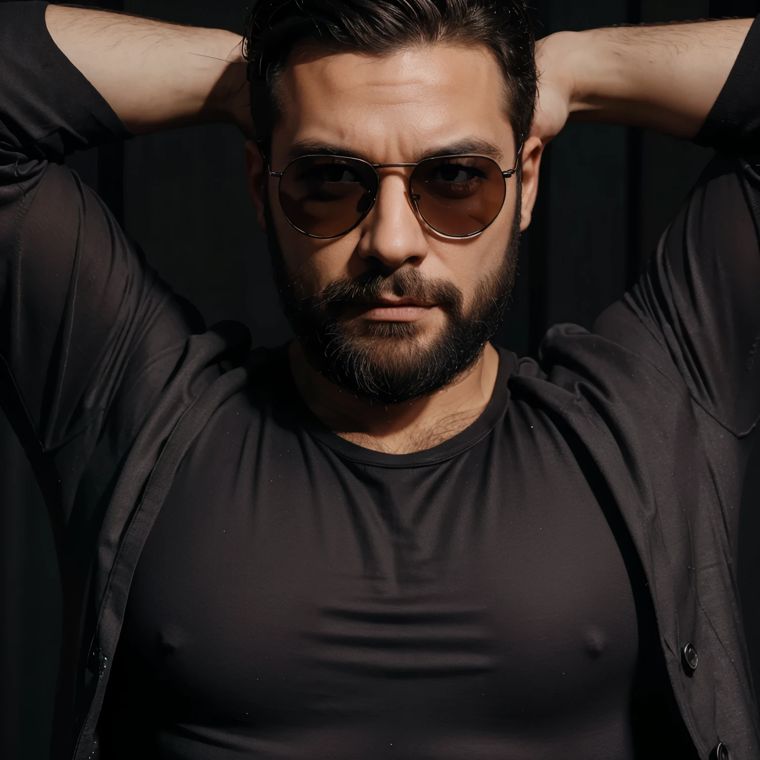 Persogen masculino com uma barba brnaca vom oculos escuros um bone preto com uma camisa preta 