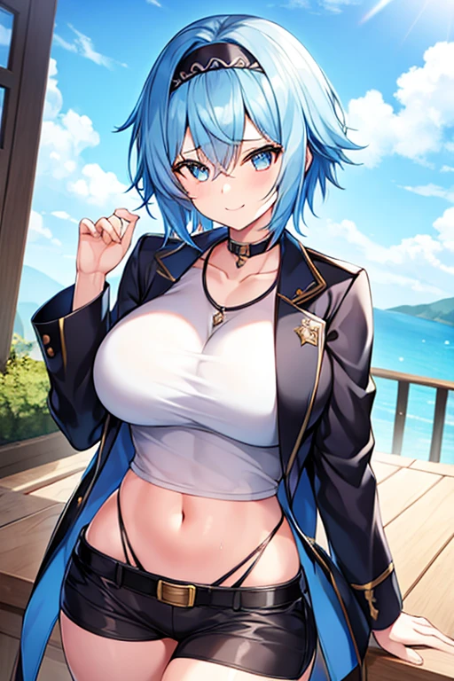 1girl, blue hair, very short hair, eula \(genshin impact\), black jacket, jacket, shirt, white shirt, black headband, headband, large breasts, breasts, thick thighs, wide hips, mature female, shorts, short pants, black pants, urban, smile, simple clothes, happy, light smile, tall, ((tall)), tall female, oversized shirt, long shirt, ((cropped jacket)), cropped jacket, belt, covered navel, tomboy