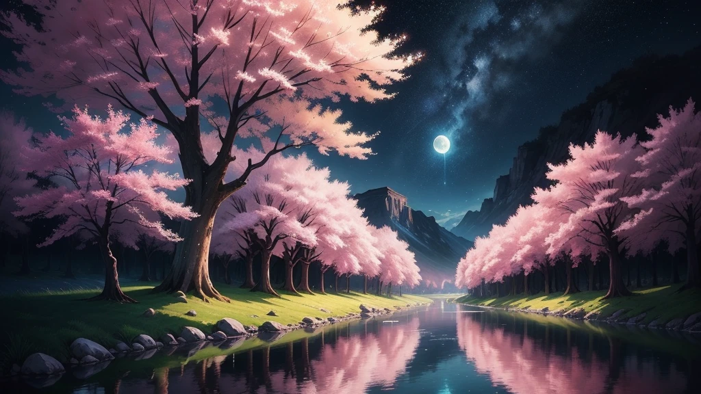 Painting of a river with stars and moon in the sky next to a cherry blossom tree, Concept art based on Tosa Mitsuoki, pixiv contest winner, better quality, fantasy art, beautiful anime dinner, blue Moon. bright moon, 月明かりの下でのstarry sky環境, Environment with cherry blossom leaves, dream picture, background art de anime, fantasy landscape art, dream night, anime background, background art, dream art, Atmospheric anime, starry sky, Enhanced details.