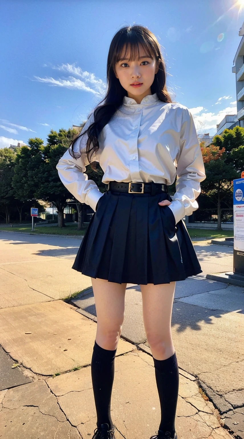 (8K、Raw photo、highest quality、masterpiece:1.2)、(realistic、Photoreal)、1 girl、((black mini skirt、belt、See-through、tight shirt、knee socks、Jacket、big breasts、stand with hands on hips、Seen from the front、stage))lots of eyelashes、Glitter on your eyelids、skeletally correct