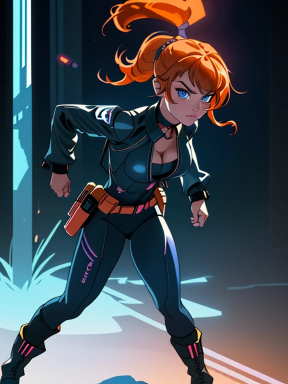 1girl, Sexy Experienced Cyberpunk Agent, ((32year old, dressed in a tight futuristic sci-fi bodysuit, cleavage, utility belt, boots, medium breasts, short orange hair, pony tail styled hair, light skin, natural makeup, athletic body:1.3, detailed blue eyes:1.5, looking fiercely at the viewer:1.3, holding two pistols with both hands:1.2)) heroic pose, full-length, full body, fight scene, full-length, super face detail, Very detailed, 8k, dark tone, dark shadow, glow in the dark, game color correction, (HDR, UHD, best quality, masterpiece: 1.5), high detailed, digital painting, trending on artstation, HD quality