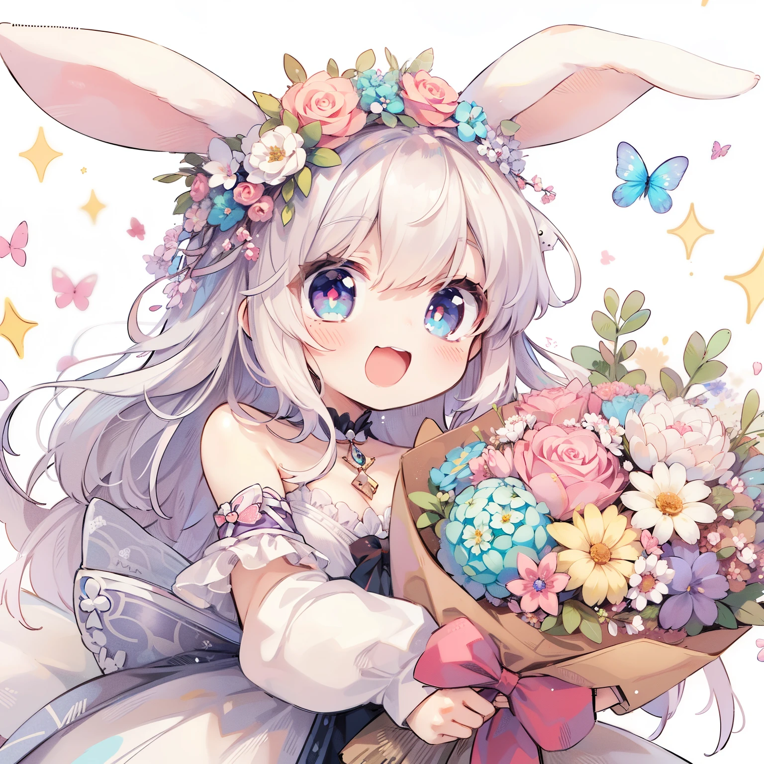 smile,anime girl with bunny ears holding a bouquet of flowers, pixiv contest winner, bunny girl, kawacy, cute art style, cute anime, cute detailed artwork, kawaii realistic portrait, cute anime girl, sakimichan, cute detailed digital art, trending on artstation pixiv, with bunny ears, official artwork, clean detailed anime art, detailed anime art