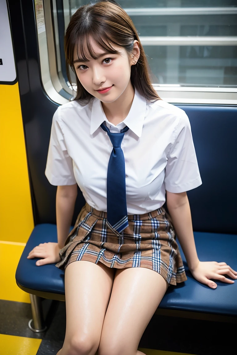 (8K), (highest quality: 1.2), (realistic), (realistic: 1.37), ultra high resolution, 1 girl, cute, smile, closed mouth, beautiful details, beautiful nose, wet hair, giant dulcefo, pork, thighs,Self snap,University Student Uniform,Sitting on a Tokyo train,simple blazer,pleated skirt,(The pattern of the skirt and tie is a tartan check pattern..:1.3),cross your legs, From above,thighs