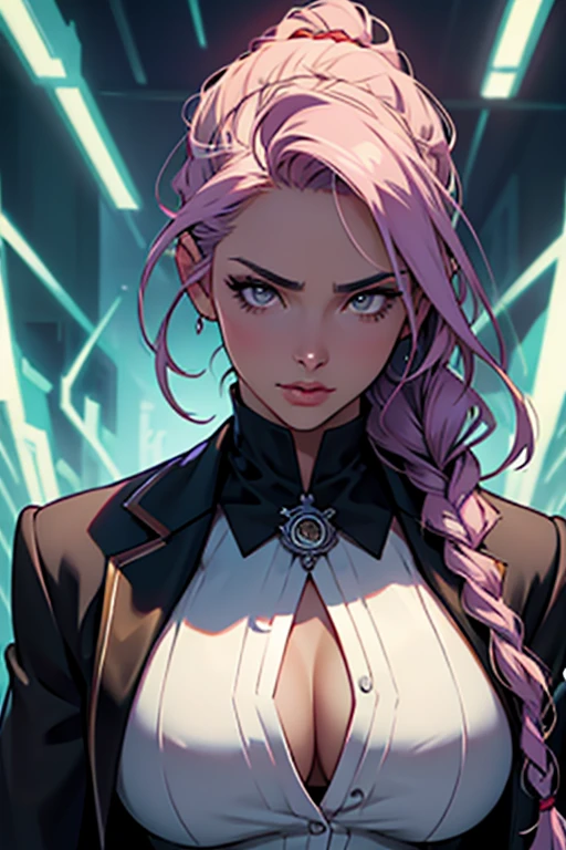 a ??????? female gothic model (massive ???????, full lips, cleavage, ????????????????????) with grey eyes and red braided hair, wearing a unbuttoned white tuxedo jacket, in the style of hyper-realistic sculptures, yellow and purple, dc comics, romantic academia, aurorapunk, loose gestures intricately detailed, intricately textured, color depth, dramatic lighting, bold Japanese kanji signs backdrop