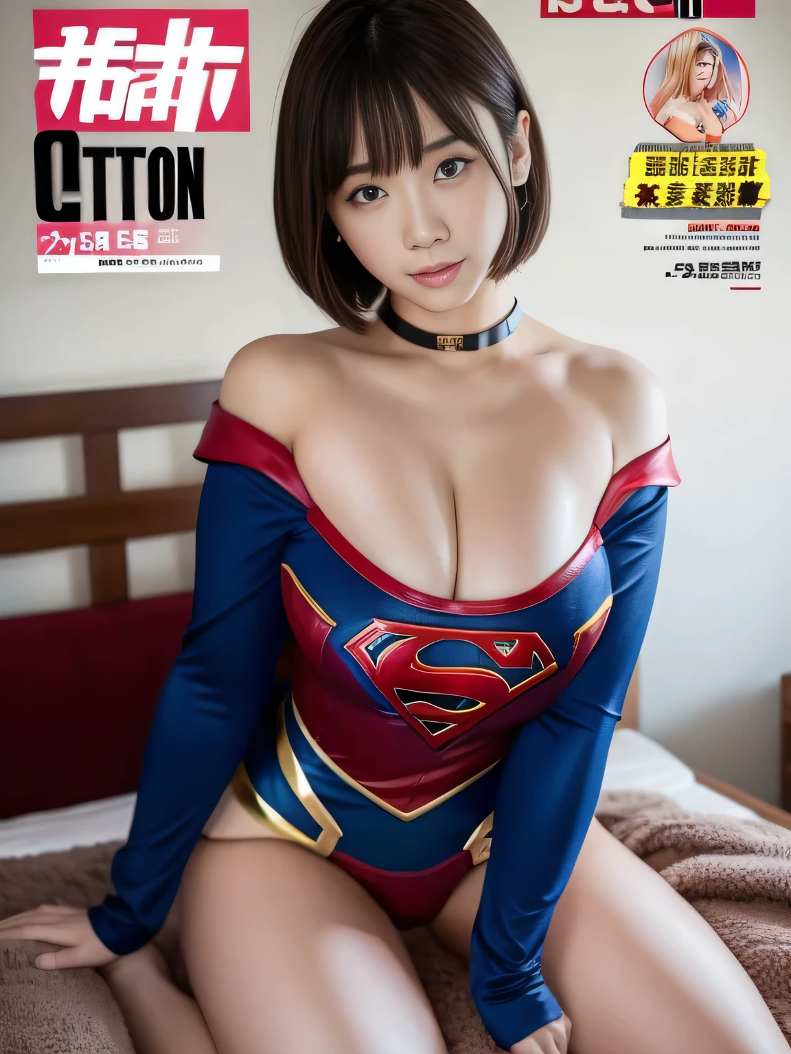 masterpiece、supergirl costume、short hair、barefoot、big and full breasts、public health center、break your legs on the bed、Sexy poses to seduce、model body shape、shiny、looking at camera、choker、long sleeve、red mini skirt、Weekly magazine cover、obscene、sweaty、Radical、off shoulder、Glamorous、