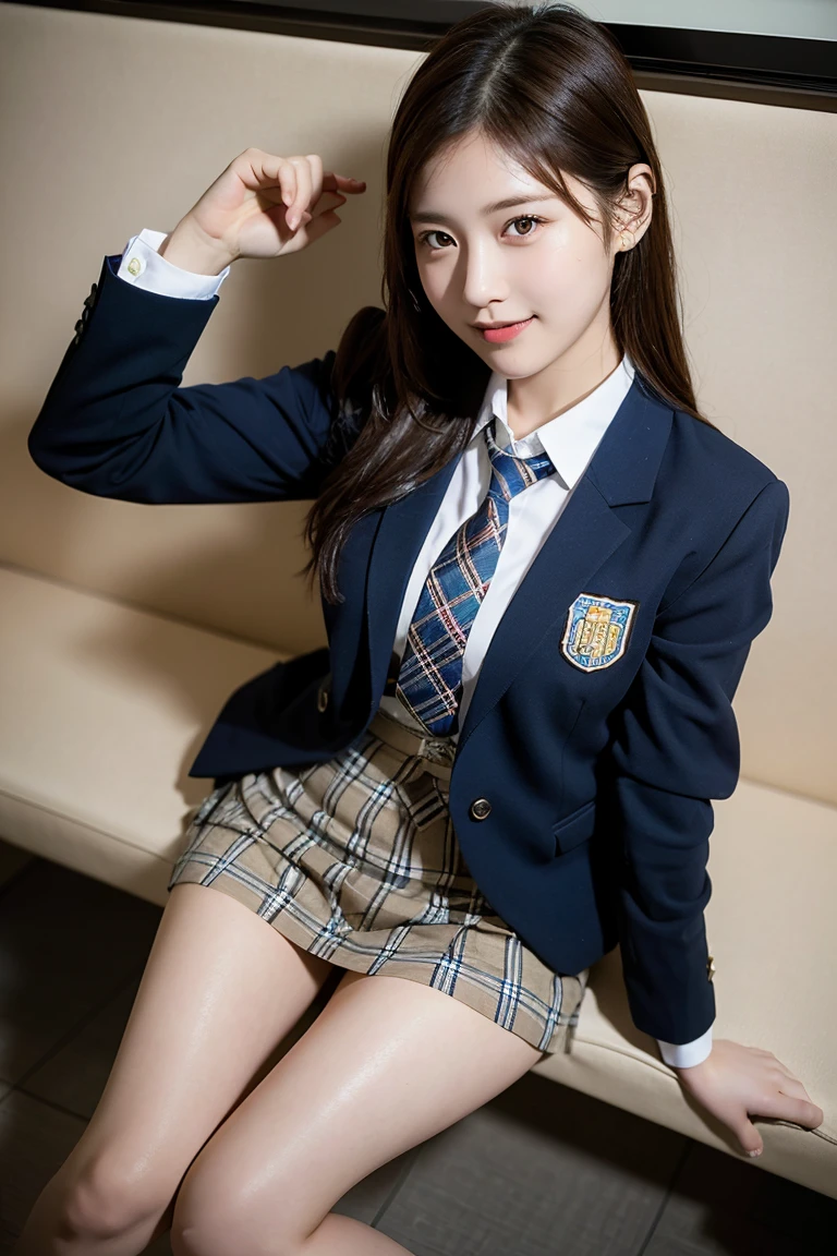 (8K), (highest quality: 1.2), (realistic), (realistic: 1.37), ultra high resolution, 1 girl, cute, smile, closed mouth, beautiful details, beautiful nose, wet hair, giant dulcefo, pork, thighs,Self snap,University Student Uniform,Sitting on a Tokyo train,simple blazer,pleated skirt,(The pattern of the skirt and tie is a tartan check pattern..:1.3),cross your legs, From above,thighs