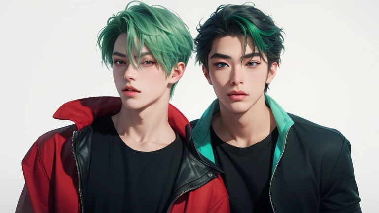 two men with green hair and blue eyes are standing next to each other, jazza and rossdraws, two anime handsome men, realistic anime artstyle, artgerm and genzoman, petros and leonid, realistic anime art style, rossdraws and jazza, anime realism style, semirealistic anime style, 2 d anime style, in an anime style