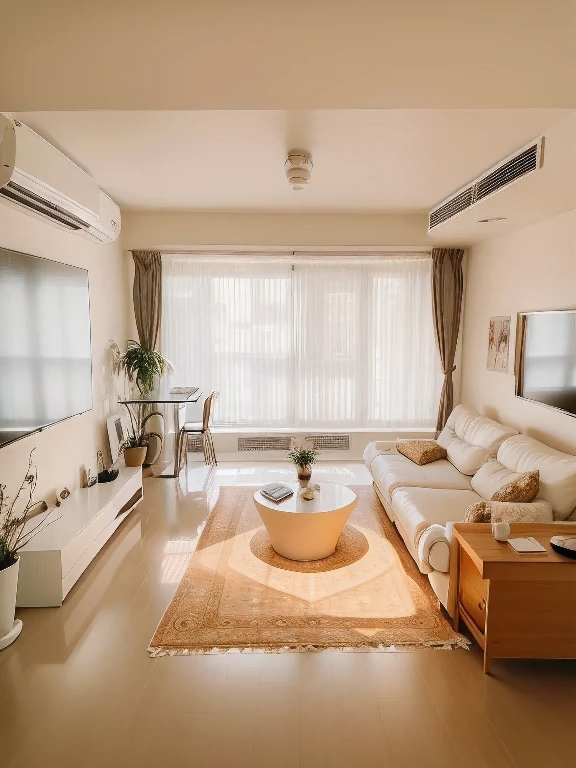 there is a Living room with a couch, coffee table, and tv, cream colored room, bright room, natural light in room, modern japanese Living room, warm Living room, the Living room, warm ambient light, Soft lighting color scheme, Popular interior design styles, Luxury Apartment, Ultra-realistic 8k photos, Living room, minimalist interior design