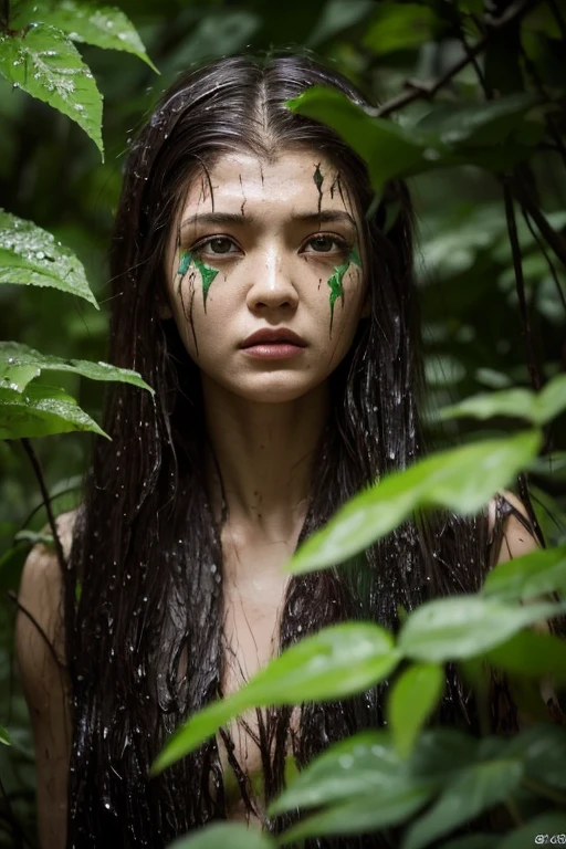 height,Take a full wide-angle shot,dark light,swampy forest,beautiful female victim,fierce natives,Awesome atmosphere.,Helpless victims,bright colors,Creepy scene,greenery greenery,Detailed facial features,Fierce eyes,Long, flowing hair,face painted green,The fear in her eyes,tribal mark,Close to change,suspense,abandoned doll,Awesome expression.,lonely,mesmerizing beauty,Wet and muddy environment,distant nature sounds,Surreal atmosphere,An unforgiving wilderness,tension in the air,growing vines,invisible danger,การต่อสู้อันlonely,Stuck in a nightmare,withered tree,A piercing scream,Escape potential,Desperation in her movements,Proportion like a toy,Premonition of fate,not wearing clothes
