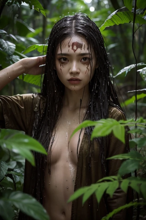 height,Take a full wide-angle shot,dark light,swampy forest,beautiful female victim,fierce natives,Awesome atmosphere.,Helpless victims,bright colors,Creepy scene,greenery greenery,Detailed facial features,Fierce eyes,Long, flowing hair,face painted green,The fear in her eyes,tribal mark,Close to change,suspense,abandoned doll,Awesome expression.,lonely,mesmerizing beauty,Wet and muddy environment,distant nature sounds,Surreal atmosphere,An unforgiving wilderness,tension in the air,growing vines,invisible danger,การต่อสู้อันlonely,Stuck in a nightmare,withered tree,A piercing scream,Escape potential,Desperation in her movements,Proportion like a toy,Premonition of fate,not wearing clothes