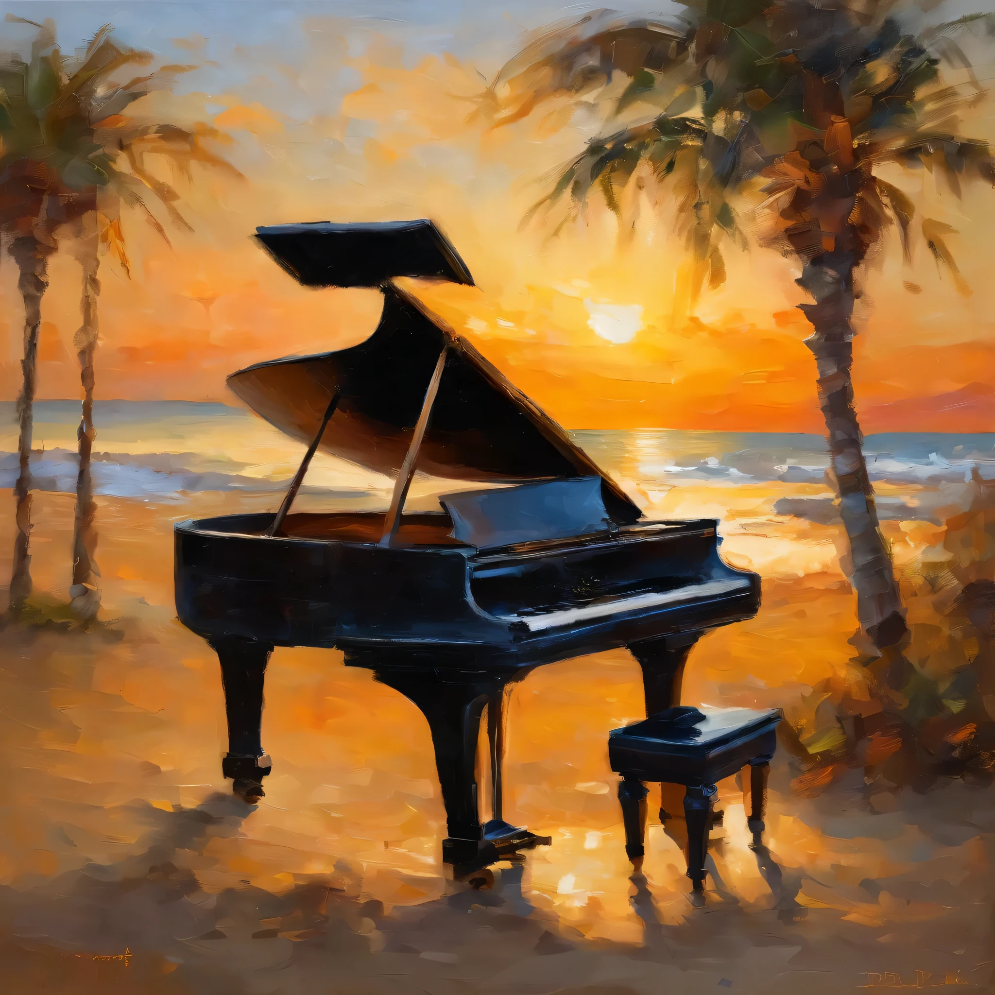 araffe piano on the beach at sunset with the sun setting, piano, pianos, grand piano, pianist, piano in the background, glorious composition, breathtaking composition, full piano, music, real pianos, beautiful composition, bathed in golden light, masterful composition!!!, golden sunset, peaceful atmosphere, playing piano, well composed, golden morning light