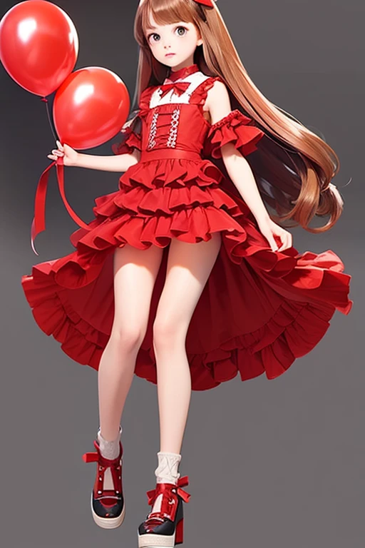 red , a girl holding a lot of balloons, ((full body)), twin drill hair, big ribbon