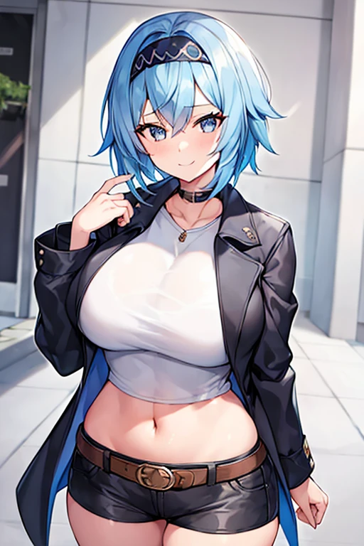 1girl, blue hair, very short hair, eula \(genshin impact\), black jacket, jacket, shirt, white shirt, black headband, headband, large , breasts thighs, wide hips, mature female,s, short pants, black pants, urban, smile, simple clothes, happy, light smile, tall, ((tall)), tall female, oversized shirt, long shirt, ((cropped jacket)), cropped jacket, belt, covered navel, tomboy