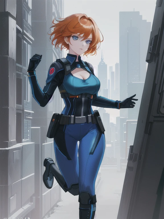 1girl, Sexy Experienced Cyberpunk Agent, ((32year old, dressed in a tight blue futuristic bodysuit, cleavage, utility belt, boots, medium breasts, short orange hair, light skin, natural makeup, athletic body:1.3, detailed blue eyes:1.5, looking fiercely at the viewer:1.3, holding two pistols with both hands:1.2)) heroic pose, full-length, full body, fight scene, full-length, super face detail, Very detailed, 8k, dark tone, dark shadow, glow in the dark, game color correction, (HDR, UHD, best quality, masterpiece: 1.5), high detailed, digital painting, trending on artstation, HD quality
