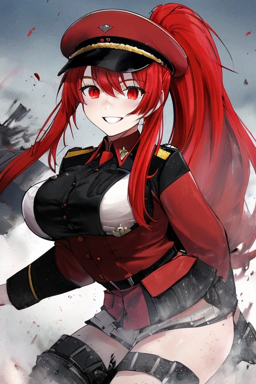 The solution to the absurd，High resolution，Masterpiece 1.4，super beautiful，Second World War，wearing German military uniform，red eyes，red long hair，ponytail，big breasts，The solution to the absurd，High resolution，Masterpiece 1.4，super beautiful，wearing a military hat，body hidden by clotheoving closer to the camera，red eyes，red long hair，ponytail，big breasts，Crazy smile，battlefield background，daytime