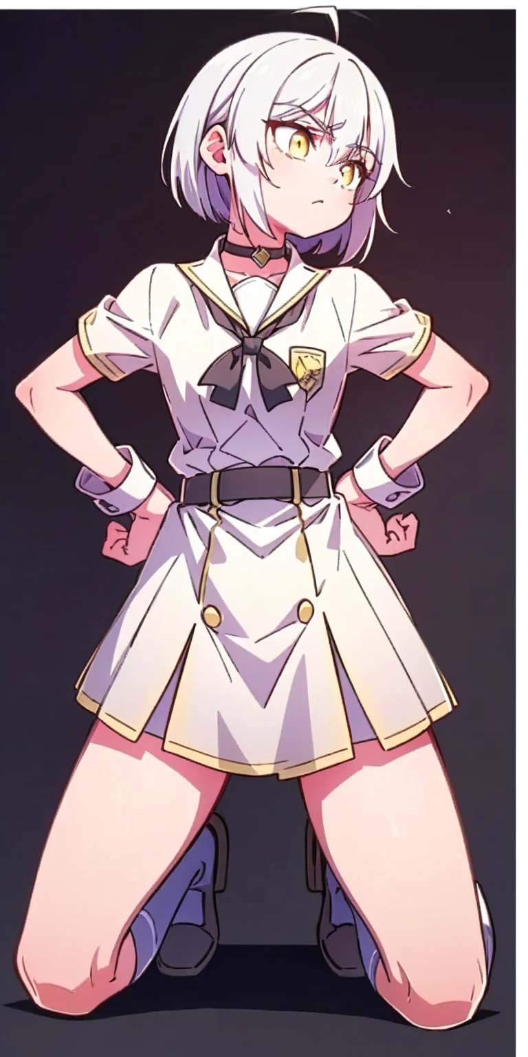 ((black background)) Ciel Lionheart kneel on WHITE sheet, short bob hair WHITE hair, YELLOW EYES, kindergarten_uniform,yellow hat,red school bag, leather choker collar slave , (hands on hips, clenching fist 👊 ✊️)