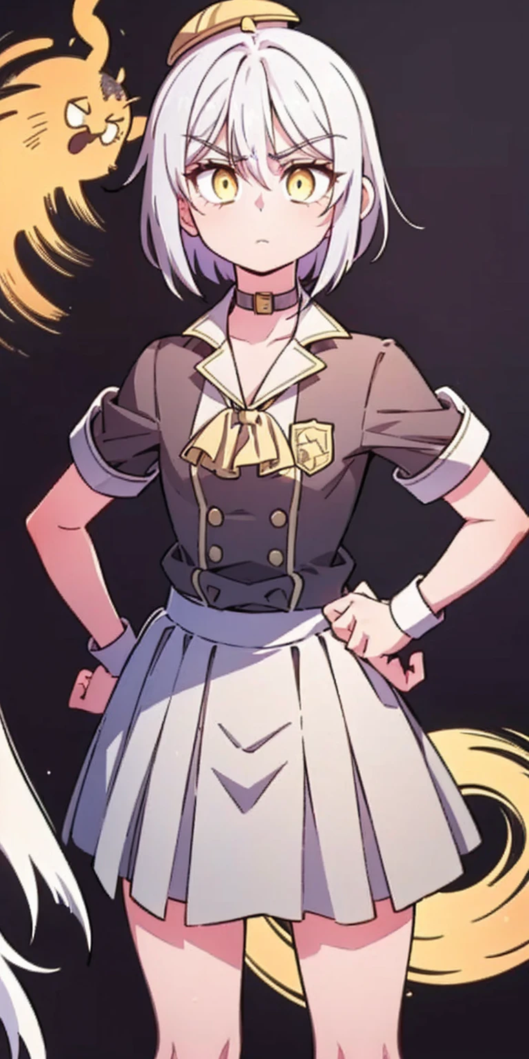 ((black background)) Ciel Lionheart kneel on WHITE sheet, short bob hair WHITE hair, YELLOW EYES, kindergarten_uniform,yellow hat,red school bag, leather choker collar slave , (hands on hips, clenching fist 👊 ✊️)