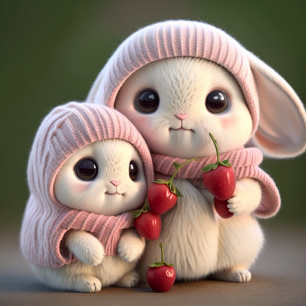 : 3. rabbit, actual, hairy, animals in clothes, apple, dark circles, blush, cherry, food, fruit, whole body, have, non-human, strawberry, tomato, watermelon