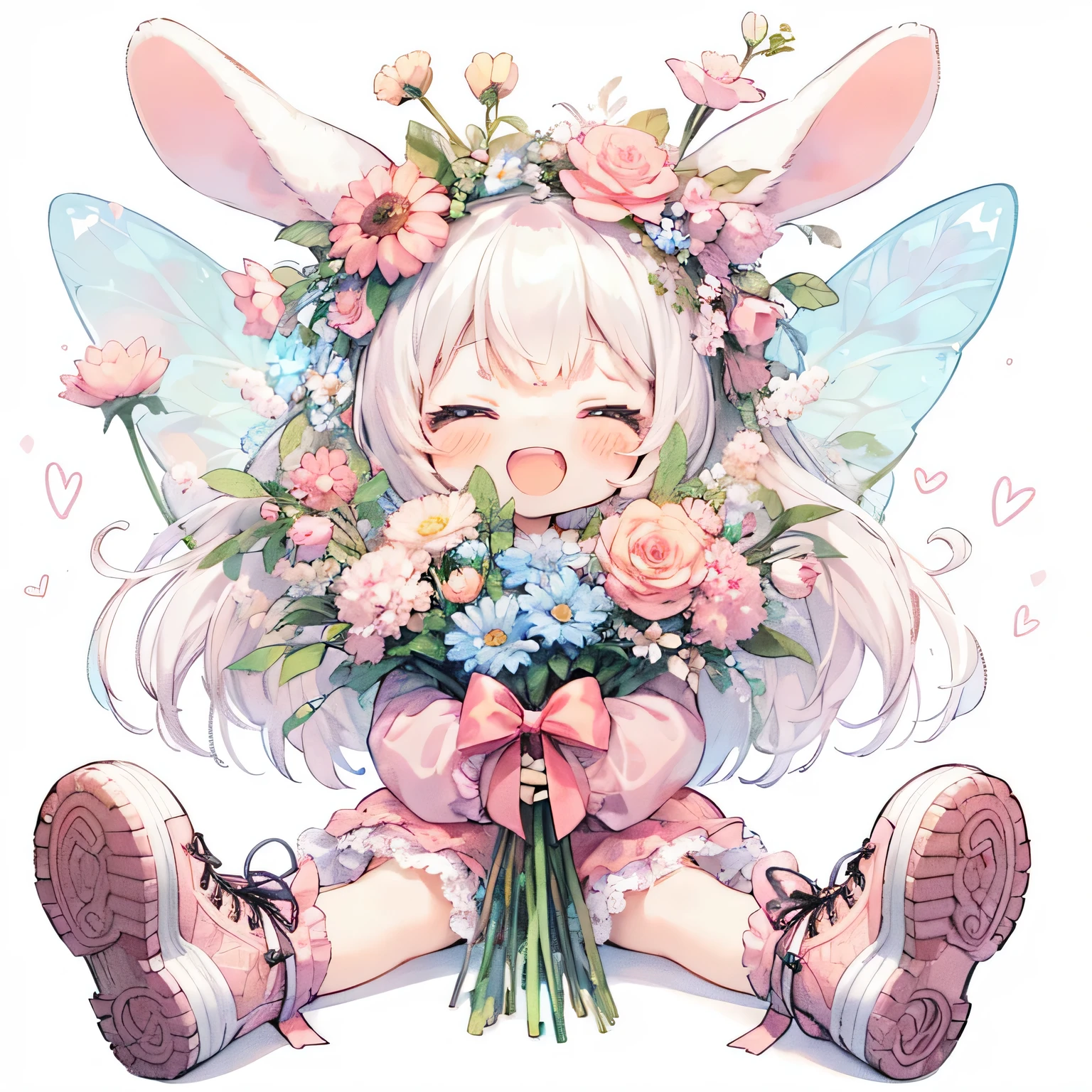 anime girl with bunny ears holding a bouquet of flowers, bunny girl, by Shitao, with bunny ears, pixiv contest winner, cute art style, pixiv, cute character, 🌺 cgsociety, , original chibi bunny girl, cute anime, cute artwork, fullbody commission for, guweiz on pixiv artstation, bunny ears