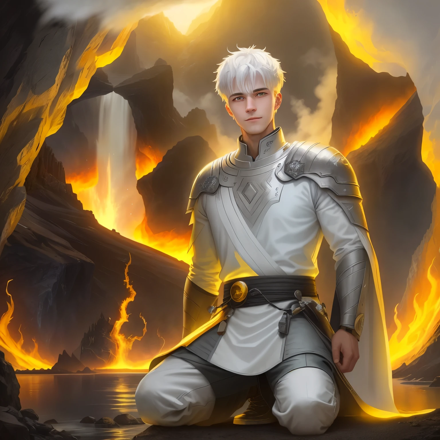 Photo of a guy with white hair and yellow eyes, High detail, Clarity, 8 cc, young guy, 18 years, light gray hair, short haircut, Yellow eyes, grin, fire crown, lava is everywhere, A huge cave, guy kneeling near the lake, realism, fantasy,