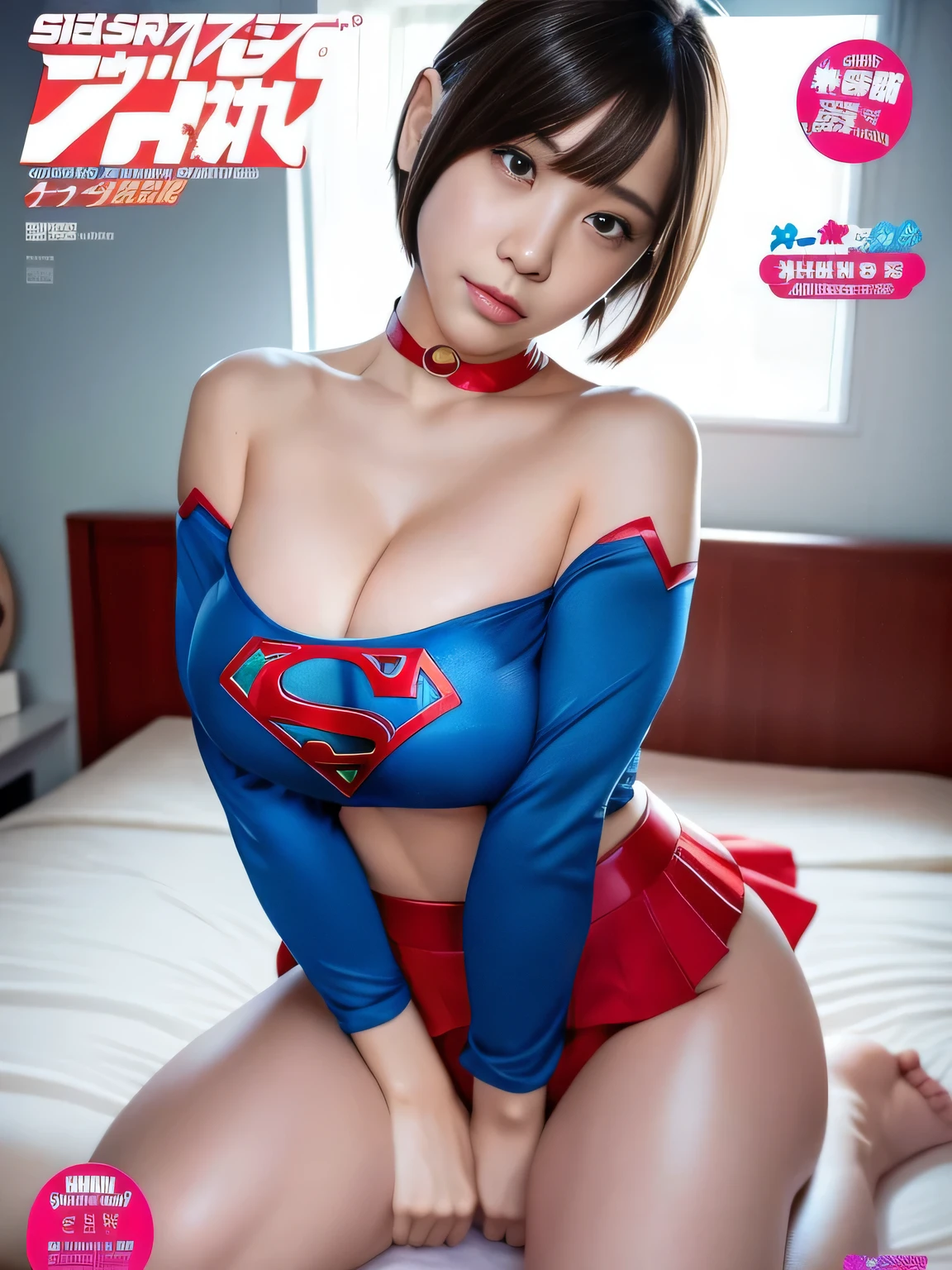 masterpiece、supergirl costume、short hair、barefoot、big and full breasts、public health center、break your legs on the bed、Sexy poses to seduce、model body shape、shiny、looking at camera、choker、long sleeve、red mini skirt、Weekly magazine cover、obscene、sweaty、Radical、off shoulder、Glamorous、