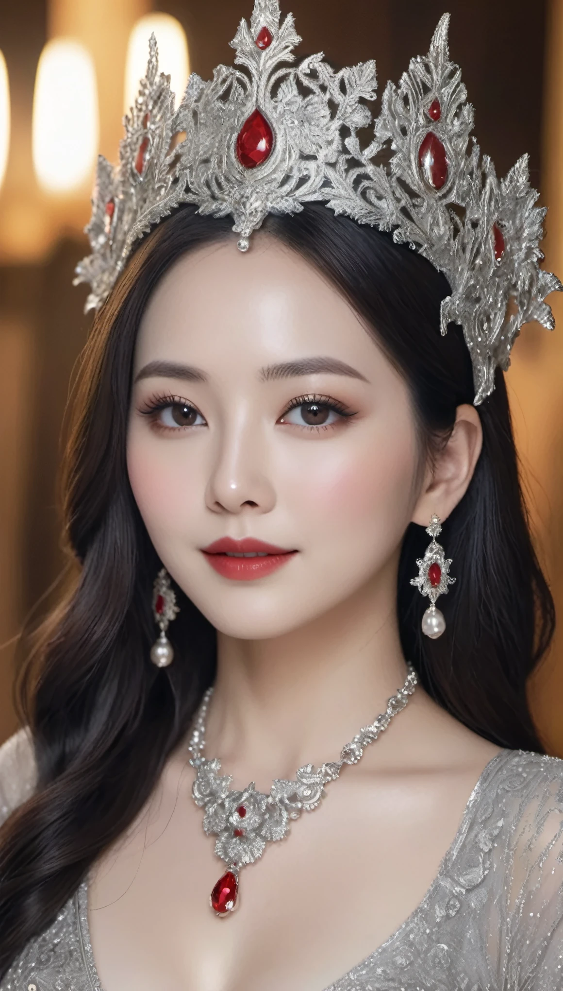 (((surreal woman)))、((very beautiful 30 year old white woman))、(((big big tits)))、(((Big big cleavage)))、のWitch girl、blonde mature、plump body shape、smile、middle-aged beauty 、Very delicate and delicate skin texture、Witch girl、{(ancient ornate and luxurious temple)、(many torches are burning)}、red lips、fine scarlet eyes、(((Luxury and gorgeous silver outfit and luxurious accessories)))、I have a shining platinum wand、