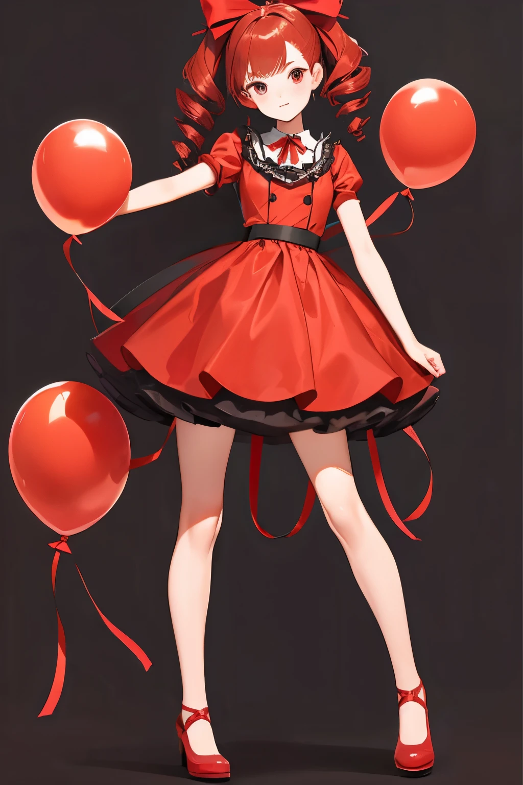 red , a ************ girl holding a lot of balloons, ((full body)), twin drill hair, big ribbon