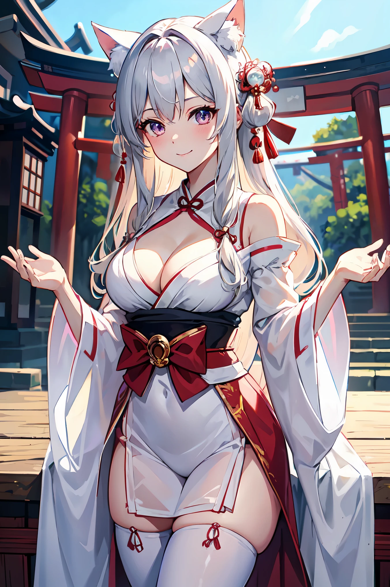 masterpiece, Highest quality anime illustrations, Super fine, single girl, alone, silver-haired beautiful girl, anime changes, cat ears , pale pink see-through shrine maiden costume, shrine maiden, Japan shrine maiden costume, smile, cleavage emphasis, Lower breast emphasis, thigh focus