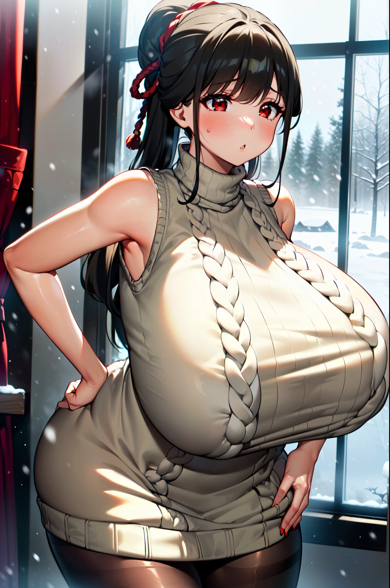 masterpiece, best quality, extremely detailed, 1girl, mature female, solo, kunoichienrai, (gigantic breasts), (((black hair, long hair, red eyes))), parted lips, (((turtleneck swearer, sweater dress, sleeveless, pantyhose))), ((blush, :o), closed mouth), ((hands on own hips, window, indoor, forest, winter, snowing))