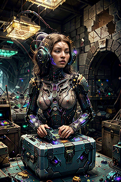 (best quality,4k,8k,highres,masterpiece:1.37), ultra-detailed, (realistic,photorealistic,photo-realistic:1.37), (aerial view), (top down perspective), (1insectoid woman:1.4), (the focal point is one woman pulling a video game cartridge out of a futuristic artifact chest full of retro video game cartridges:1.4), (the woman is looking down:1.4), (Futuristic artifact box), (the artifact box is open), (The scene unfolds inside a mystical cavern:1.4), fractal_body, (The woman is wearing an insectoid exoskeleton, covering her entire body, made with glass details:1.5), (dynamic angle:1.37), (The woman hair is made of fractal technologic components:1.5), (fantasy and sci-fi mixed:1.5), holographic glitch effects floats around the woman, vibrant colors, (A purple glow emanates from inside the treasure chest), glowing lights, (abandoned machinery), (there are old video game cartridges and consoles on the background), mystical creatures, pixelated details, (there are crystal formations spreading on the background), (futuristic technology), (ancient artifacts), mystical energy, vibrant retro aesthetic, atmospheric lighting, hidden passages, ancient ruins, mysterious symbols, shimmering water, lush vegetation, interdimensional portals, ethereal music, nostalgic atmosphere, immersive storytelling, epic adventure, delightful surprises