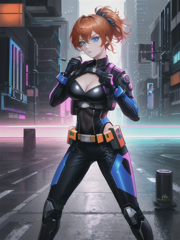 1girl, Sexy Experienced Cyberpunk Agent, ((32year old, dressed in a tight blue futuristic bodysuit, cleavage, utility belt, boots, medium breasts, short orange hair, pony tail styled hair, light skin, natural makeup, athletic body:1.3, detailed blue eyes:1.5, looking fiercely at the viewer:1.3, holding two pistols with both hands:1.2)) heroic pose, full-length, full body, fight scene, full-length, super face detail, (Background: Cyberpunk world,Cyberpunk city in the background, neon lights, and futuristic technology in the background, harsh high-tech atmosphere), Very detailed, 8k, dark tone, dark shadow, glow in the dark, game color correction, (HDR, UHD, best quality, masterpiece: 1.5), high detailed, digital painting, trending on artstation, HD quality
