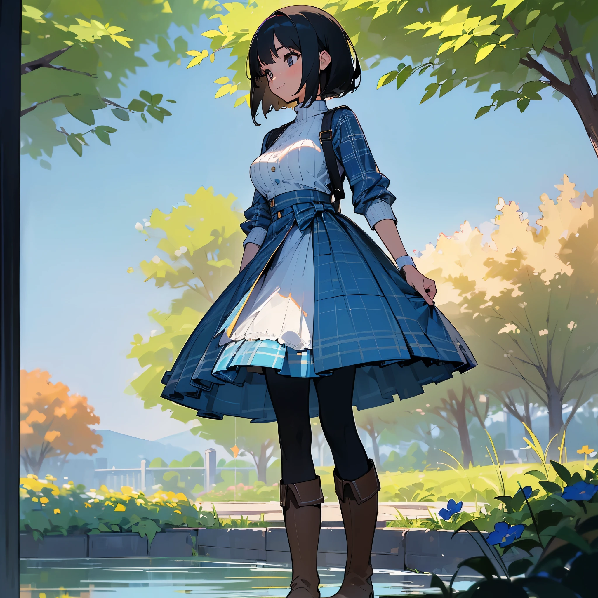 (high quality, High resolution, Super detailed, reality:1.37), peaceful atmosphere, (outdoor, garden ,flower), teenage girl standing alone, (my breasts are big.), Beautiful detail features, cute smile, (black bob hair), ribbed sweater, blue plaid skirt, black tights, brown boots.