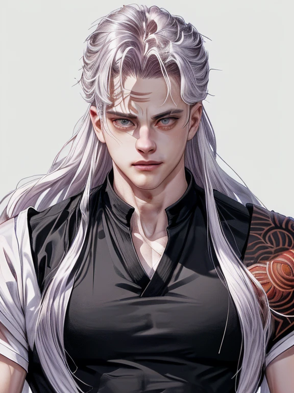 Demon Slayer Swordsman, (sanemi shinazugawa), un hombre musculoso de aspecto imponente, pale skin, albino, white hair spiky and wild and disheveled looking with one strand of hair in the center and another on one side of the face, cicatrices grandes horizontales en la frente y una cicatriz grande en la mitad de su cara, ojos grandes con los iris de color morado claro, manic expression, sonriendo con los ojos muy abiertos, lleva puesto el uniforme negro sin abotonar, showing his muscular torso and the numerous scars he has on his body, abdominales marcados, lleva puesta una chaqueta haori blanco, (demon slayer), (kimetsu no Yaiba), cicatrices grandes en la cara, mirada asesina aterradora, aspecto desafiante, actitud violenta