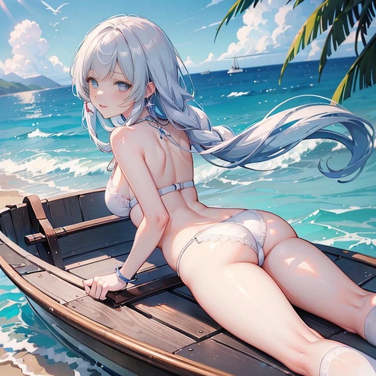((Kamisato Ayaka in Genshin Impact)),solo, ((semi long beautiful silver blue hair,beautiful blue eyes)),
low angle,from behind,butts focus, ((masterpiece, highest resolution,best quality)), (illustration),(white beautiful elegant bikini,string tied bra and panties), (lying on the sand,on the stomach,legs open),
(Looking back,innocent smile), white over-kneehighs,Lace chalker, wristband, fingerless gloves, over-kneehighs,
Lace chalker, diamond necklace,wristband, fingerless gloves, earrings, windy,cinematic lighting and pause, beach, sand, blue sky, waves, coconut tree,fish,boat,sea gull,