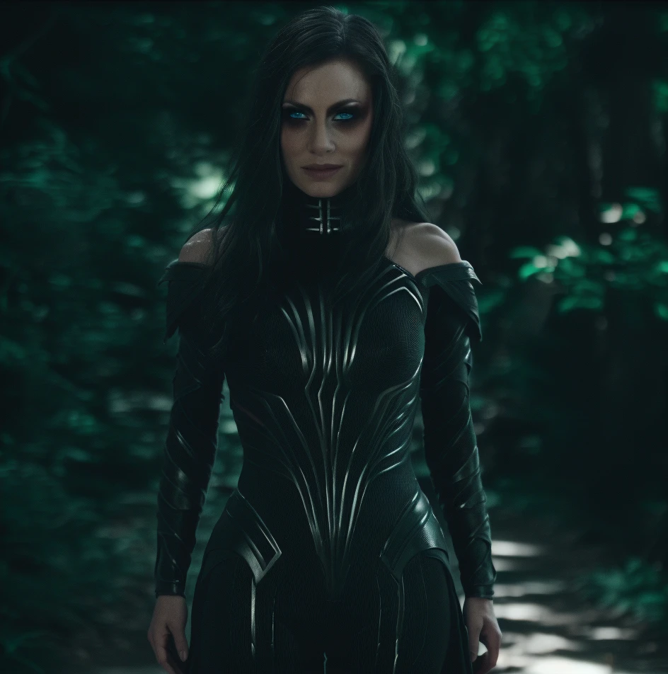 Best_QualityPos, RAW photo, intricate details, best quality, 8k uhd, soft lighting, 1girl, solo, black hair, long hair, armor, bare shoulders, Blue eyes, forest