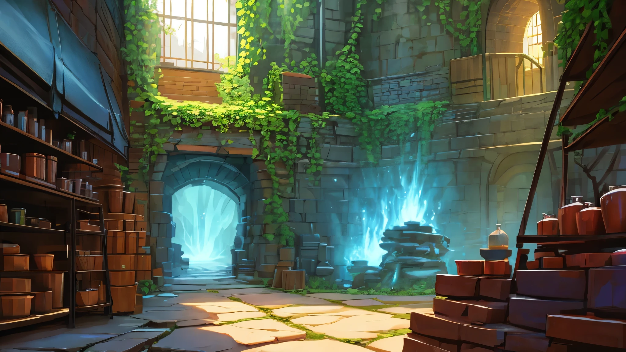 visual novel background, blacksmith shop, fantasy, lots of plants, extremely detailed