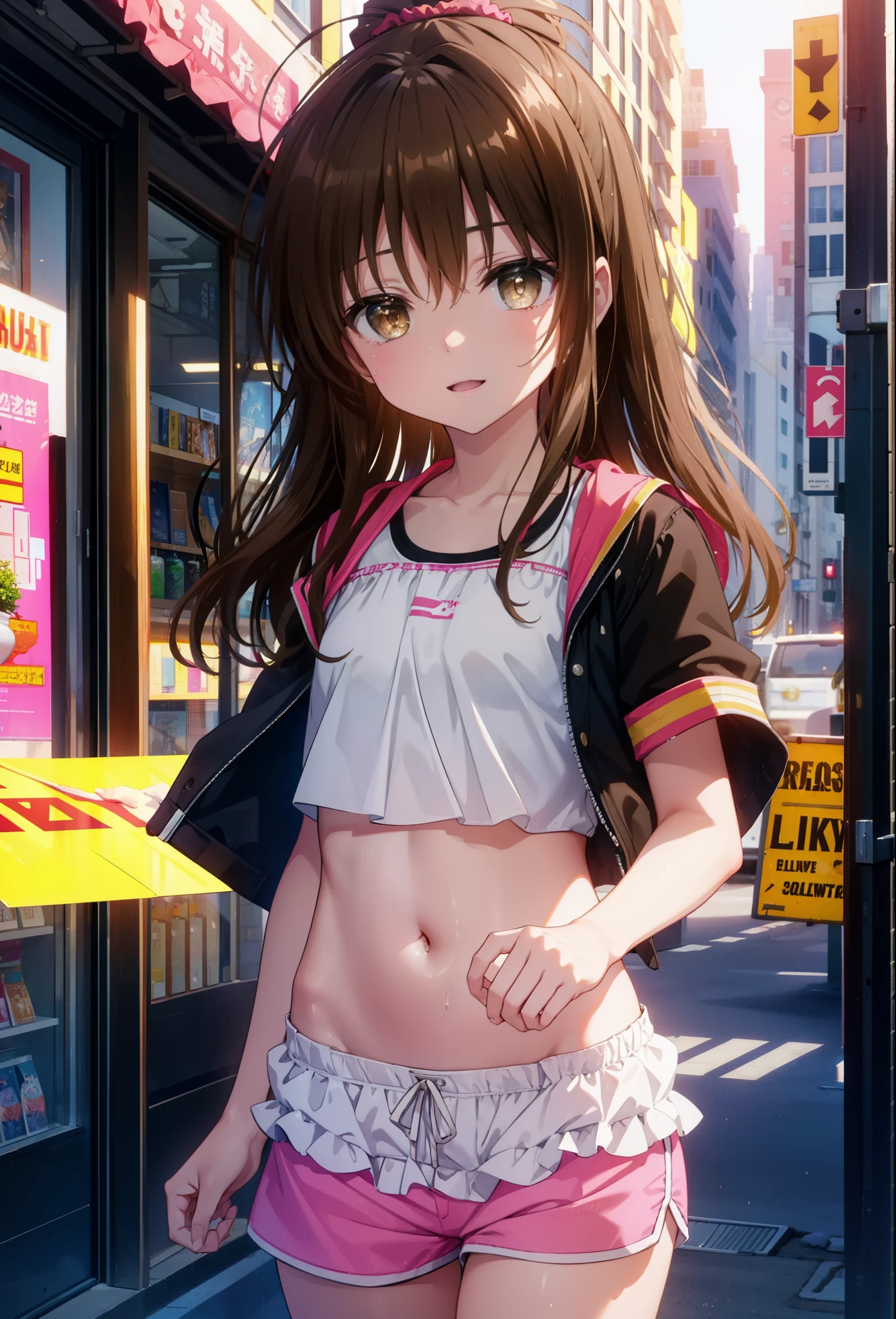 Follow Us, food yuuki, (brown eyes:1.5), brown hair, hair ornaments, hair Scrunchie, long hair, pink Scrunchie, Scrunchie, (flat chest:1.2),happy smile, smile, open your mouth,Open black short-sleeved jacket,white tank top shirt,Belly button soup,shorts,barefoot,sneakers,noon,the sun's,
break indoors, In town,building street,
break looking at viewer, (cowboy shot:1.5),
break (masterpiece:1.2), highest quality, High resolution, unity 8k wallpaper, (figure:0.8), (detailed and beautiful eyes:1.6), highly detailed face, perfect lighting, Very detailed CG, (perfect hands, perfect anatomy),
