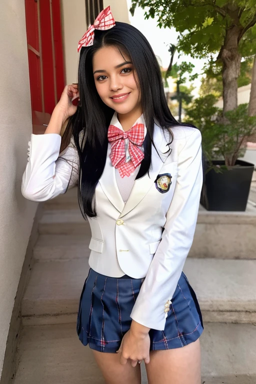 (Girl Standing On School Steps)，charming eyes，heartwarming action，turn away from the camera，raise your head，thick long black hair，highly detailed body，highly detailed face，highest quality、(P私NK Underwear),(high school girl),((white blazer、chest emblem))、(white blouse),((red bow tie)),((navy check flare skirt)),(black stockings)、(smile)