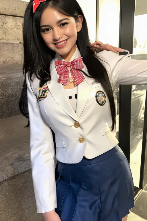 (Girl Standing On School Steps)，charming eyes，heartwarming action，turn away from the camera，raise your head，thick long black hair，highly detailed body，highly detailed face，highest quality、(P私NK Underwear),(high school girl),((white blazer、chest emblem))、(white blouse),((red bow tie)),((navy check flare skirt)),(black stockings)、(smile)