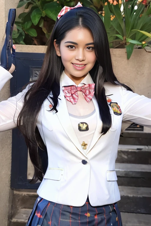 (Girl Standing On School Steps)，charming eyes，heartwarming action，turn away from the camera，raise your head，thick long black hair，highly detailed body，highly detailed face，highest quality、(P私NK Underwear),(high school girl),((white blazer、chest emblem))、(white blouse),((red bow tie)),((navy check flare skirt)),(black stockings)、(smile)