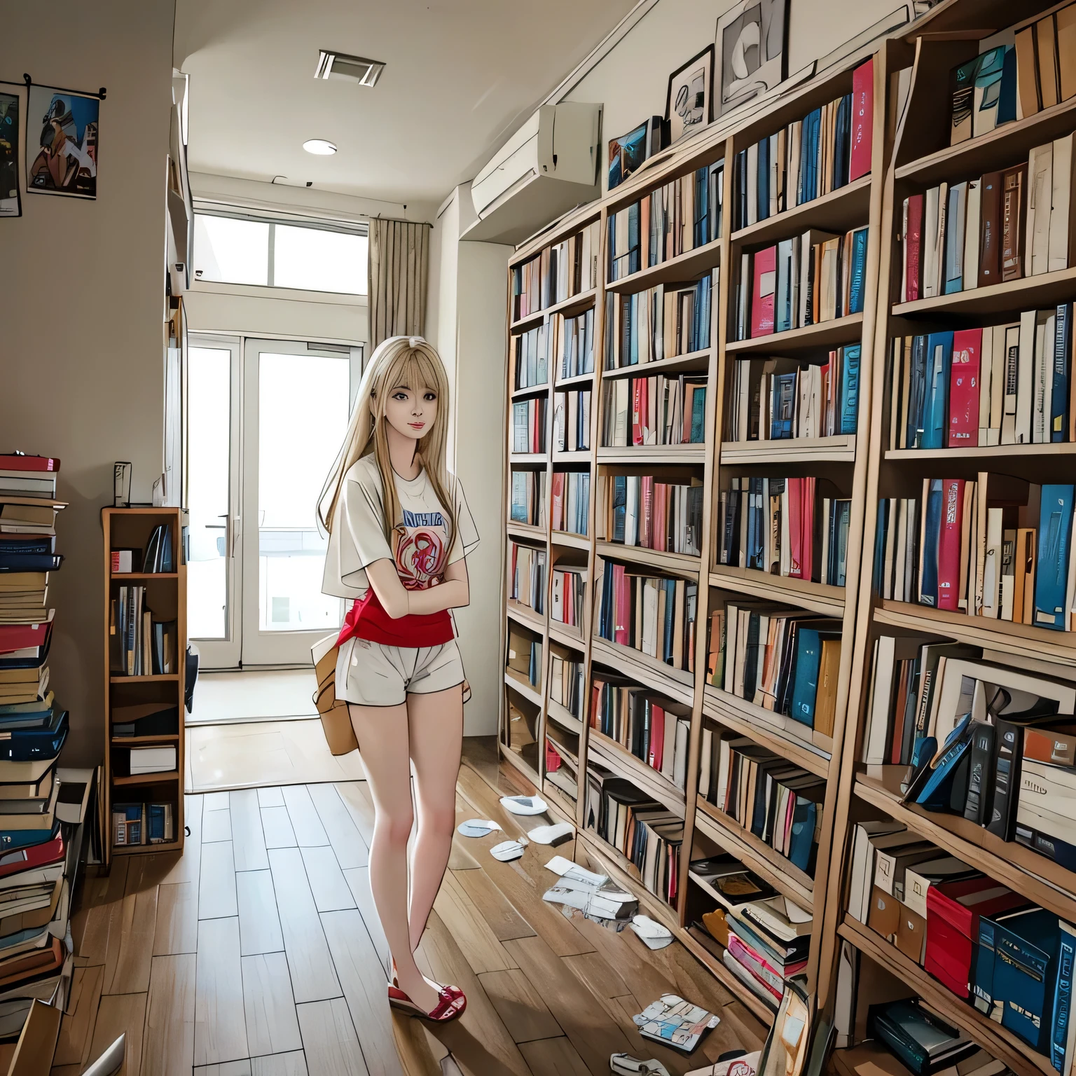A white-skinned woman with long hair is in the middle of a chaotic and messy youth apartment.. La imagen revela a la mujer sorprendida con un camisa blanca, destacar detalles Detallase refleja en su rostro, ropa tirada en el suelo, anime posters on the walls, books stacked in disarray and a television on in the background.