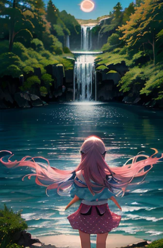(rainbow colored hair, colorful hair, half silver、half pink hair: 1.2), ,long hair、(Cinematic digital artwork: 1.3), high quality, table top, Turquoise eyes、最high qualityの, Super detailed, figure, [4K digital art]!!、 Kyoto animation style, one woman, clavicleの美しさ, clavicle, light, want, blue sky, positive, Dead leaves dance、full moon、（、floral clothes、polka dot skirt）、(waterfall) outdoor, sacred place, splash, rock, waterfallに飛び込む、(waterfall sparkle in the sunlight), Detailed back, motivation, shine, dynamic perspective、Blue glasses、Green ribbon