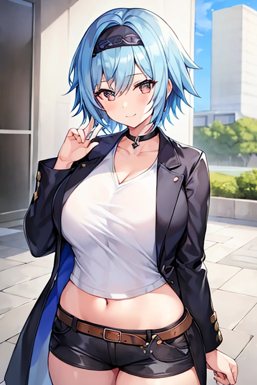 1girl, blue hair, very short hair, eula \(genshin impact\), black jacket, jacket, shirt, white shirt, black headband, headband, large breasts, breasts, thick thighs, wide hips, mature female, shorts, short pants, black pants, urban, smile, simple clothes, happy, light smile, tall, ((tall)), tall female, oversized shirt, long shirt, ((cropped jacket)), cropped jacket, belt, covered navel, tomboy