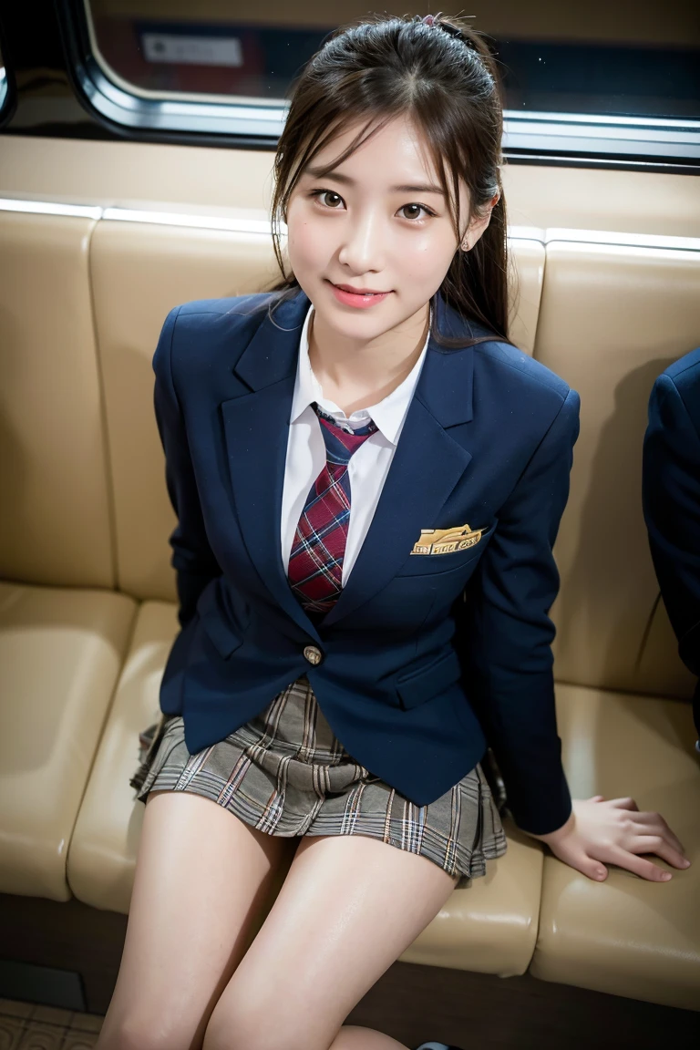 (8K), (highest quality: 1.2), (realistic), (realistic: 1.37), ultra high resolution, 1 girl, cute, smile, closed mouth, beautiful details, beautiful nose, wet hair, giant dulcefo, pork, thighs,Self snap,University Student Uniform,Sitting on a Tokyo train,simple blazer,pleated skirt,(The pattern of the skirt and tie is a tartan check pattern..:1.3),cross your legs, From above,thighs