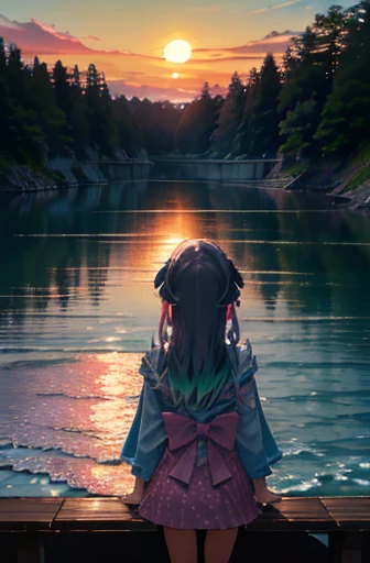 (rainbow colored hair, colorful hair, half silver、half pink hair: 1.2), ,long hair、(Cinematic digital artwork: 1.3), high quality, table top, Turquoise eyes、最high qualityの, Super detailed, figure, [4K digital art]!!、 Kyoto animation style、View you, one woman, clavicleの美しさ, clavicle, light, want, blue sky, positive, Dead leaves dance、full moon、（Loli、floral clothes、polka dot skirt）、(waterfall) outdoor, sacred place, splash, rock, waterfallに飛び込む、(waterfall sparkle in the sunlight), Detailed back, motivation, shine, dynamic perspective、Blue glasses、Green ribbon