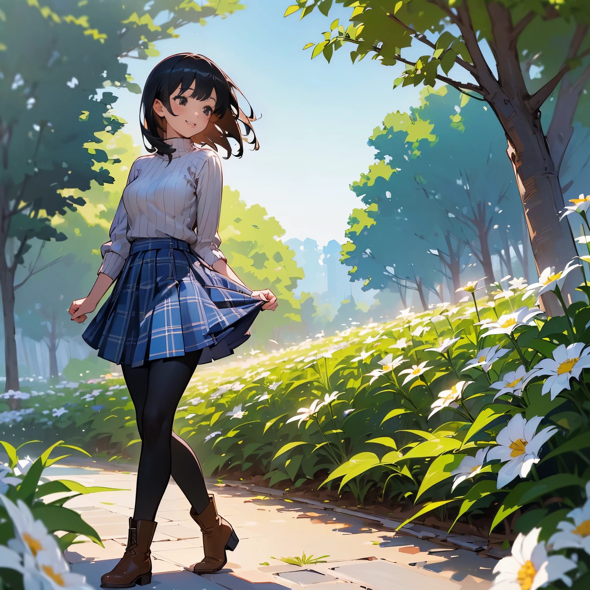 Anime girl in a skirt walking down a path in a park - SeaArt AI