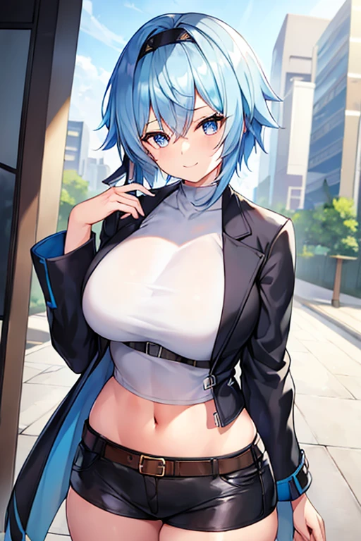 1girl, blue hair, very short hair, eula \(genshin impact\), black jacket, jacket, shirt, white shirt, black headband, headband, large breasts, breasts, thick thighs, wide hips, mature female, shorts, short pants, black pants, urban, smile, simple clothes, happy, light smile, tall, ((tall)), tall female, oversized shirt, long shirt, ((cropped jacket)), cropped jacket, belt, covered navel, tomboy