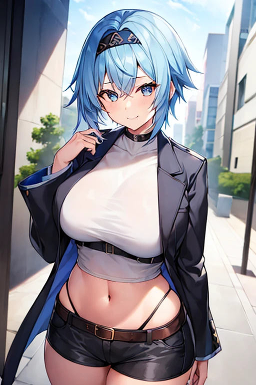 1girl, blue hair, very short hair, eula \(genshin impact\), black jacket, jacket, shirt, white shirt, black headband, headband, large breasts, breasts, thick thighs, wide hips, mature female, shorts, short pants, black pants, urban, smile, simple clothes, happy, light smile, tall, ((tall)), tall female, oversized shirt, long shirt, ((cropped jacket)), cropped jacket, belt, covered navel, tomboy